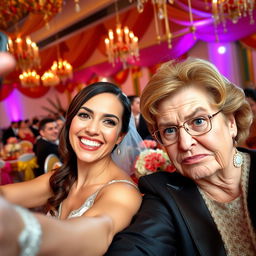 A cheerful bride taking a selfie, her beaming smile radiating joy as she poses with her handsome and attractive groom, who exudes charisma