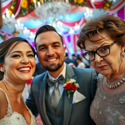 A cheerful bride taking a selfie, her beaming smile radiating joy as she poses with her handsome and attractive groom, who exudes charisma