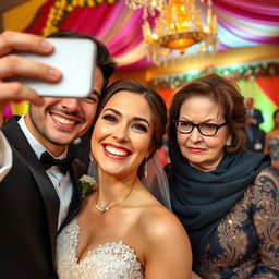 A cheerful bride taking a selfie, her beaming smile radiating joy as she poses with her handsome and attractive groom, who exudes charisma