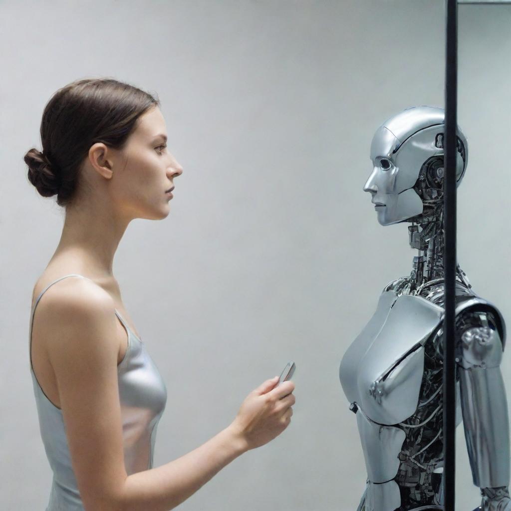 A human woman looking into a mirror and in place of her own reflection, she sees a metallic, robotic version of herself.