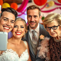 A joyful bride is capturing a selfie, her radiant smile shining next to her handsome and attractive groom, who has a charming demeanor