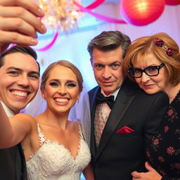 A joyful bride is capturing a selfie, her radiant smile shining next to her handsome and attractive groom, who has a charming demeanor