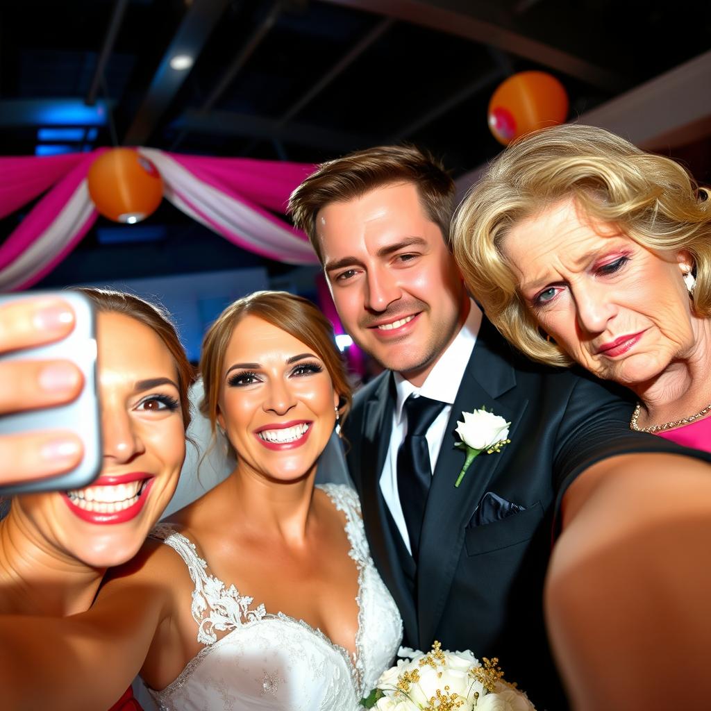 A joyful bride is capturing a selfie, her radiant smile shining next to her handsome and attractive groom, who has a charming demeanor