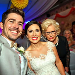 A joyful bride is capturing a selfie, her radiant smile shining next to her handsome and attractive groom, who has a charming demeanor