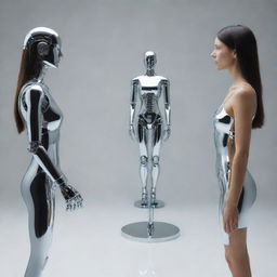 A human woman looking into a mirror and in place of her own reflection, she sees a metallic, robotic version of herself.