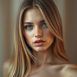 A sexy young woman with medium lips and long straight blonde hair, her striking face characterized by flawless skin, captured in a full body shot