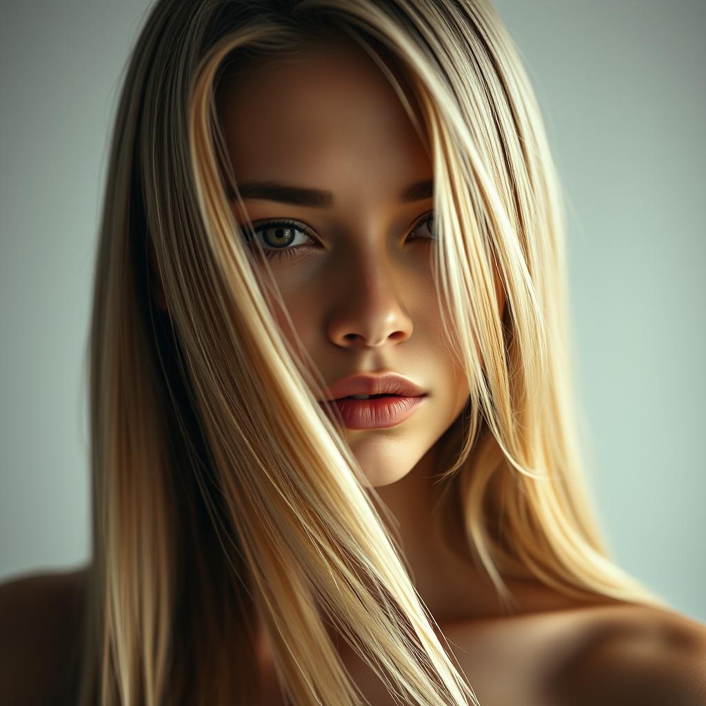 A sexy young woman with medium lips and long straight blonde hair, her striking face characterized by flawless skin, captured in a full body shot