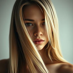 A sexy young woman with medium lips and long straight blonde hair, her striking face characterized by flawless skin, captured in a full body shot