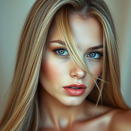 A sexy young woman with medium lips and long straight blonde hair, her striking face characterized by flawless skin, captured in a full body shot