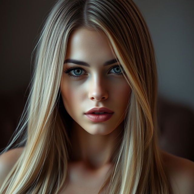 A sexy young woman with medium lips and long straight blonde hair, her striking face characterized by flawless skin, captured in a full body shot