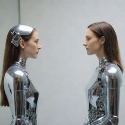 A human woman looking into a mirror and in place of her own reflection, she sees a metallic, robotic version of herself.