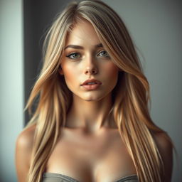 A sexy young woman with medium lips and long straight blonde hair, her striking face showcasing flawless skin, posed in a full body shot that captures her alluring presence