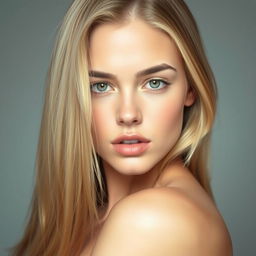 A sexy young woman with medium lips and long straight blonde hair, her striking face showcasing flawless skin, posed in a full body shot that captures her alluring presence