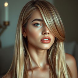 A sexy young woman with medium lips and long straight blonde hair, her striking face showcasing flawless skin, posed in a full body shot that captures her alluring presence