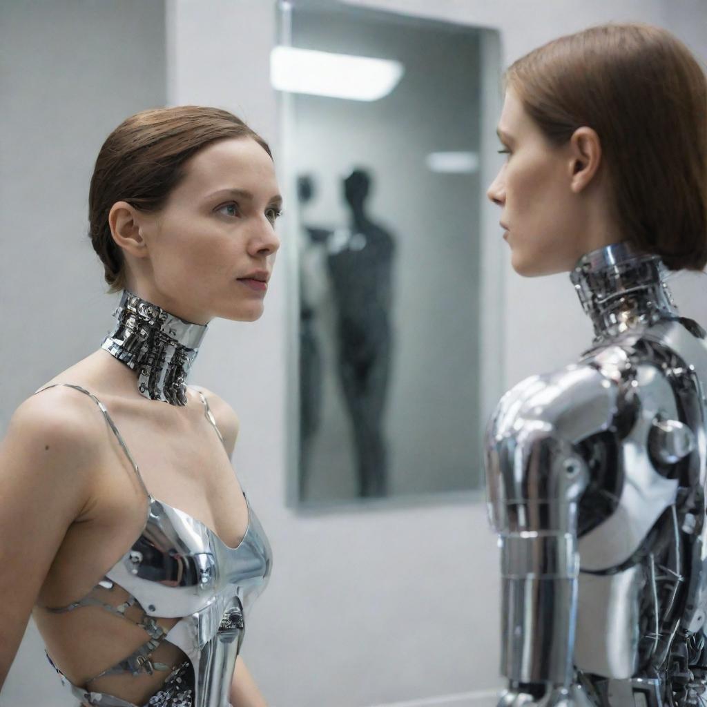 A human woman looking into a mirror and in place of her own reflection, she sees a metallic, robotic version of herself.