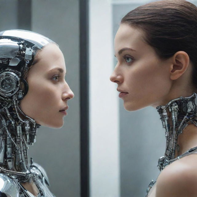 A detailed image of a human woman staring into a mirror, her reflection revealing a sophisticated and intricate robotic counterpart of herself.