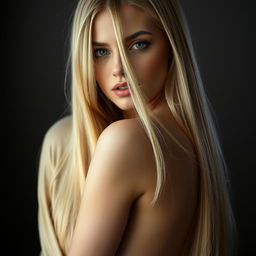 A sexy young woman with medium lips and long straight blonde hair, her attractive face showcasing flawless skin, presented in a full body shot