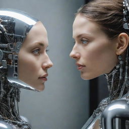 A detailed image of a human woman staring into a mirror, her reflection revealing a sophisticated and intricate robotic counterpart of herself.