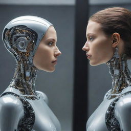 A detailed image of a human woman staring into a mirror, her reflection revealing a sophisticated and intricate robotic counterpart of herself.