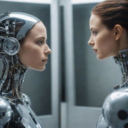 A detailed image of a human woman staring into a mirror, her reflection revealing a sophisticated and intricate robotic counterpart of herself.