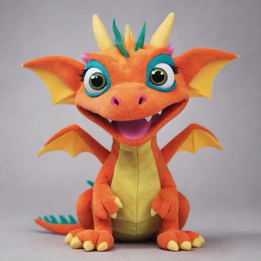 An adorable cartoon-style dragon puppet, with vibrant colors, large, expressive eyes, and a friendly expression.