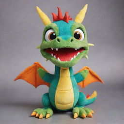 An adorable cartoon-style dragon puppet, with vibrant colors, large, expressive eyes, and a friendly expression.