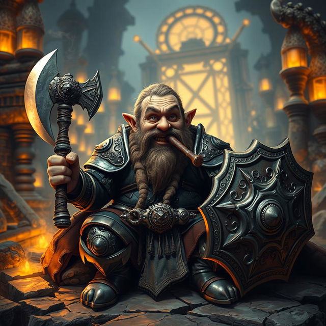 A short, stocky dwarf wearing intricate, shiny Dwemer armor, holding a large axe in one hand and a shield in the other, sitting comfortably and smoking a pipe