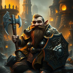 A short, stocky dwarf wearing intricate, shiny Dwemer armor, holding a large axe in one hand and a shield in the other, sitting comfortably and smoking a pipe