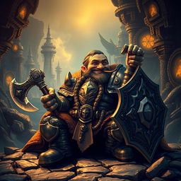 A short, stocky dwarf wearing intricate, shiny Dwemer armor, holding a large axe in one hand and a shield in the other, sitting comfortably and smoking a pipe