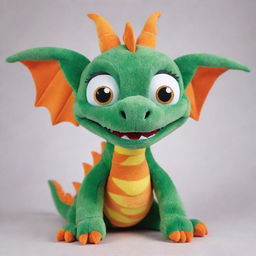 An adorable cartoon-style dragon puppet, with vibrant colors, large, expressive eyes, and a friendly expression.