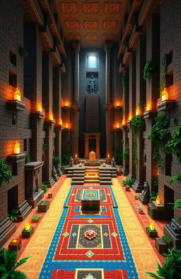 An intricate and detailed interior design for a Minecraft pyramid, featuring tall stone walls adorned with hieroglyphs, a grand central chamber illuminated by glowing torches, and a staircase leading to a secret hidden area