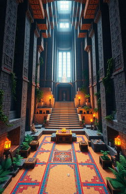 An intricate and detailed interior design for a Minecraft pyramid, featuring tall stone walls adorned with hieroglyphs, a grand central chamber illuminated by glowing torches, and a staircase leading to a secret hidden area