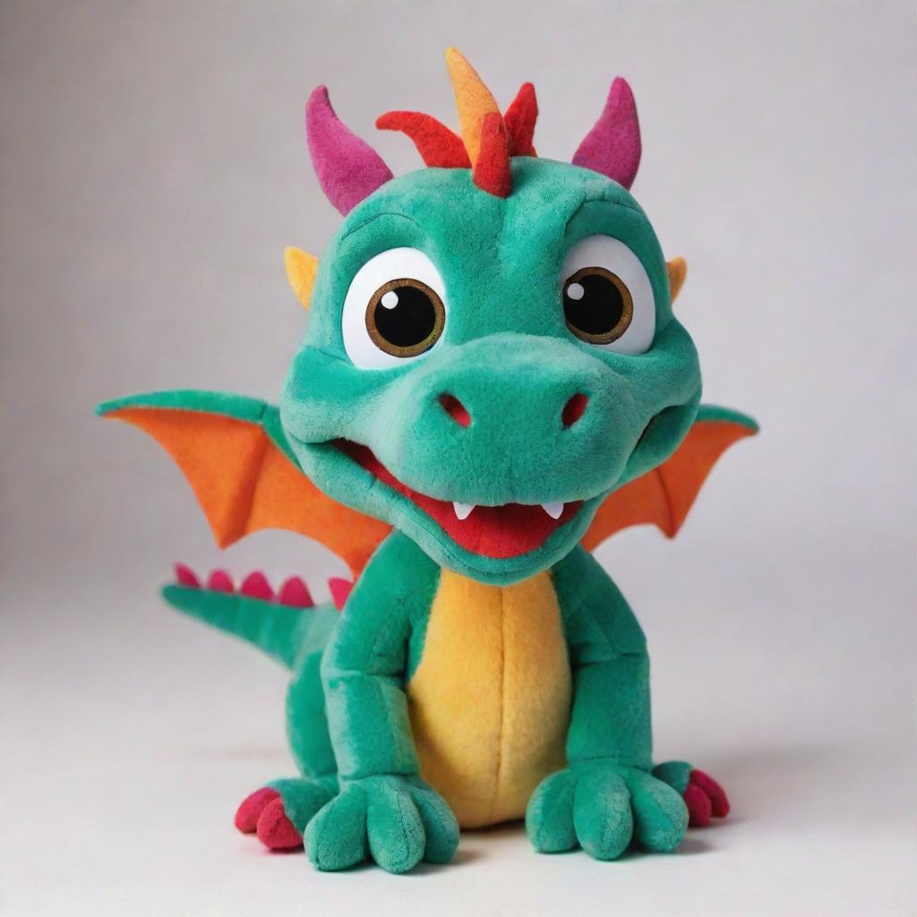 An adorable cartoon-style dragon puppet, with vibrant colors, large, expressive eyes, and a friendly expression.