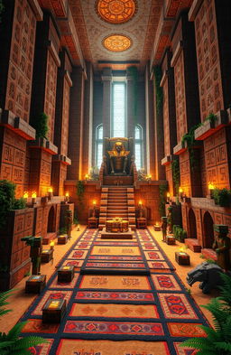 An intricate and detailed interior design for a Minecraft pyramid, featuring tall stone walls adorned with hieroglyphs, a grand central chamber illuminated by glowing torches, and a staircase leading to a secret hidden area