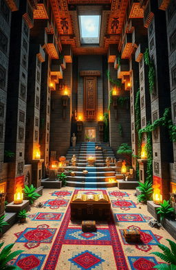 An intricate and detailed interior design for a Minecraft pyramid, featuring tall stone walls adorned with hieroglyphs, a grand central chamber illuminated by glowing torches, and a staircase leading to a secret hidden area