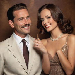 A sophisticated man with a lit cigar in his hand and an elegant woman bearing an alluring smile by his side, set against a vintage backdrop