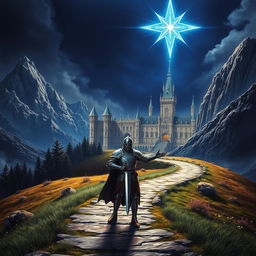 A dramatic fantasy scene featuring a knight in the foreground, standing on a winding pathway leading to a majestic castle