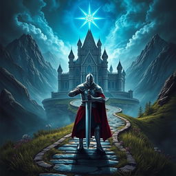 A dramatic fantasy scene featuring a knight in the foreground, standing on a winding pathway leading to a majestic castle