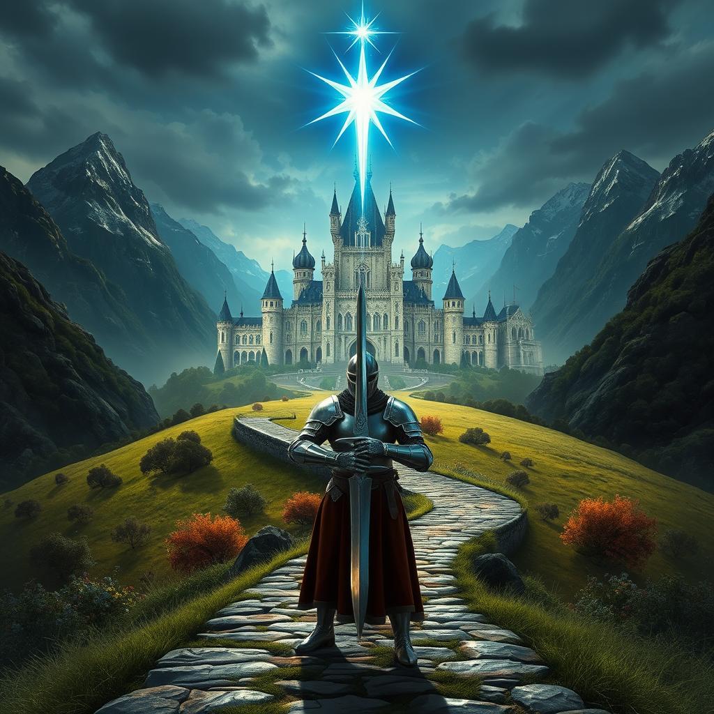 A dramatic fantasy scene featuring a knight in the foreground, standing on a winding pathway leading to a majestic castle