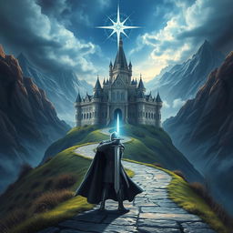 A dramatic fantasy scene featuring a knight in the foreground, standing on a winding pathway leading to a majestic castle