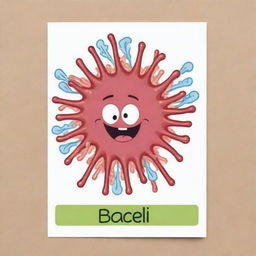 Design a cute, cartoon-style 'Bacillary Burst' card, an 'upcell' type. Illustrate a charming cell releasing an energetic burst resembling rod-shaped bacilli bacteria, signifying the destruction of an opponent's card. The burst should be visually explosive