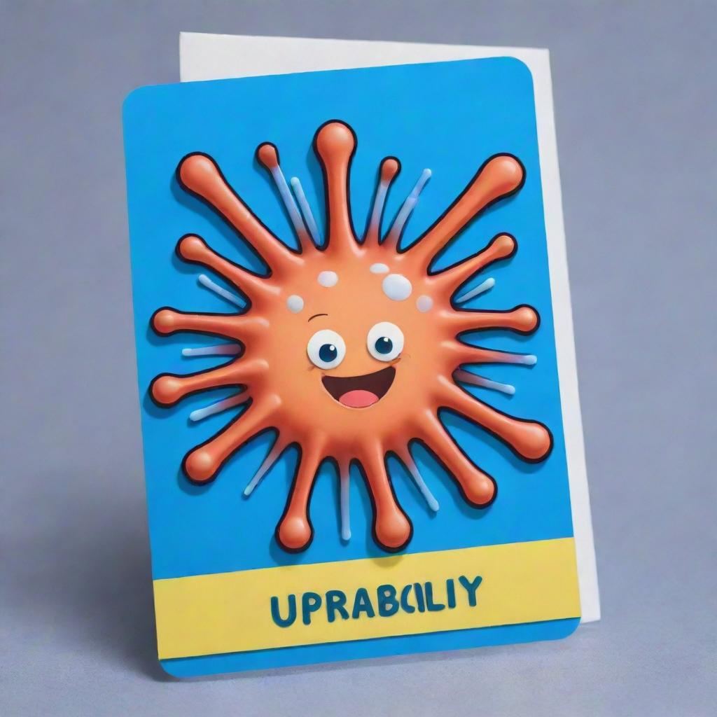 Design a cute, cartoon-style 'Bacillary Burst' card, an 'upcell' type. Illustrate a charming cell releasing an energetic burst resembling rod-shaped bacilli bacteria, signifying the destruction of an opponent's card. The burst should be visually explosive