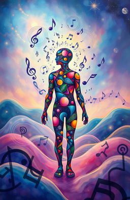 A surreal representation of 'The Symphony of Self', featuring a vibrant and abstract landscape filled with musical notes intertwining with the human figure