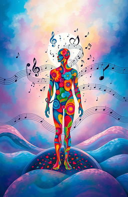 A surreal representation of 'The Symphony of Self', featuring a vibrant and abstract landscape filled with musical notes intertwining with the human figure