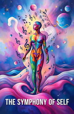 A surreal representation of 'The Symphony of Self', featuring a vibrant and abstract landscape filled with musical notes intertwining with the human figure