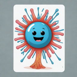 Design a cute, cartoon-style 'Bacillary Burst' card, an 'upcell' type. Illustrate a charming cell releasing an energetic burst resembling rod-shaped bacilli bacteria, signifying the destruction of an opponent's card. The burst should be visually explosive