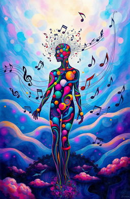 A surreal representation of 'The Symphony of Self', featuring a vibrant and abstract landscape filled with musical notes intertwining with the human figure