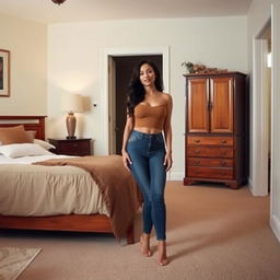 A woman standing gracefully on the floor in a cozy bedroom