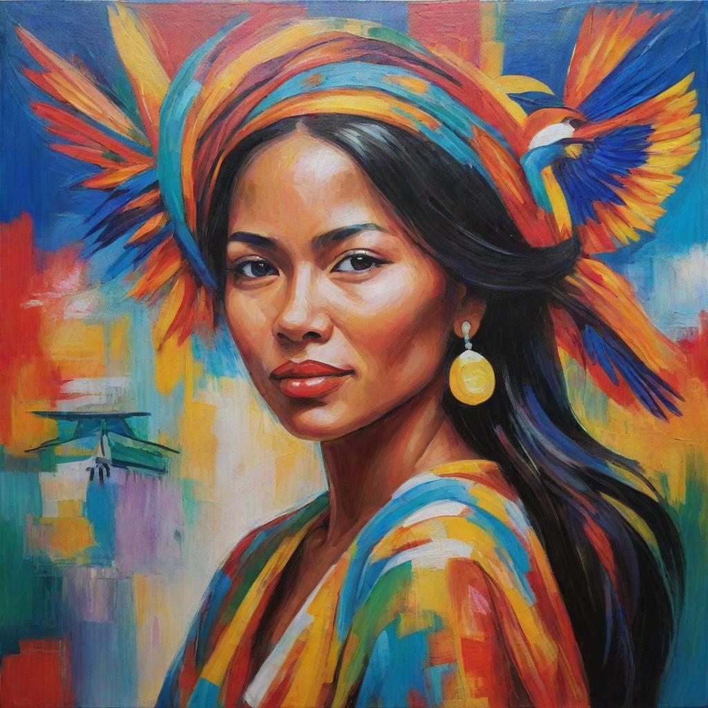 An expressionistic acrylic painting representing a Filipina woman embracing her heritage. Her presence is bold, colors vibrant, and her traditional attire flowing. Backdrop features abstract forms symbolizing jeepneys, the archipelago, and Sunbird.