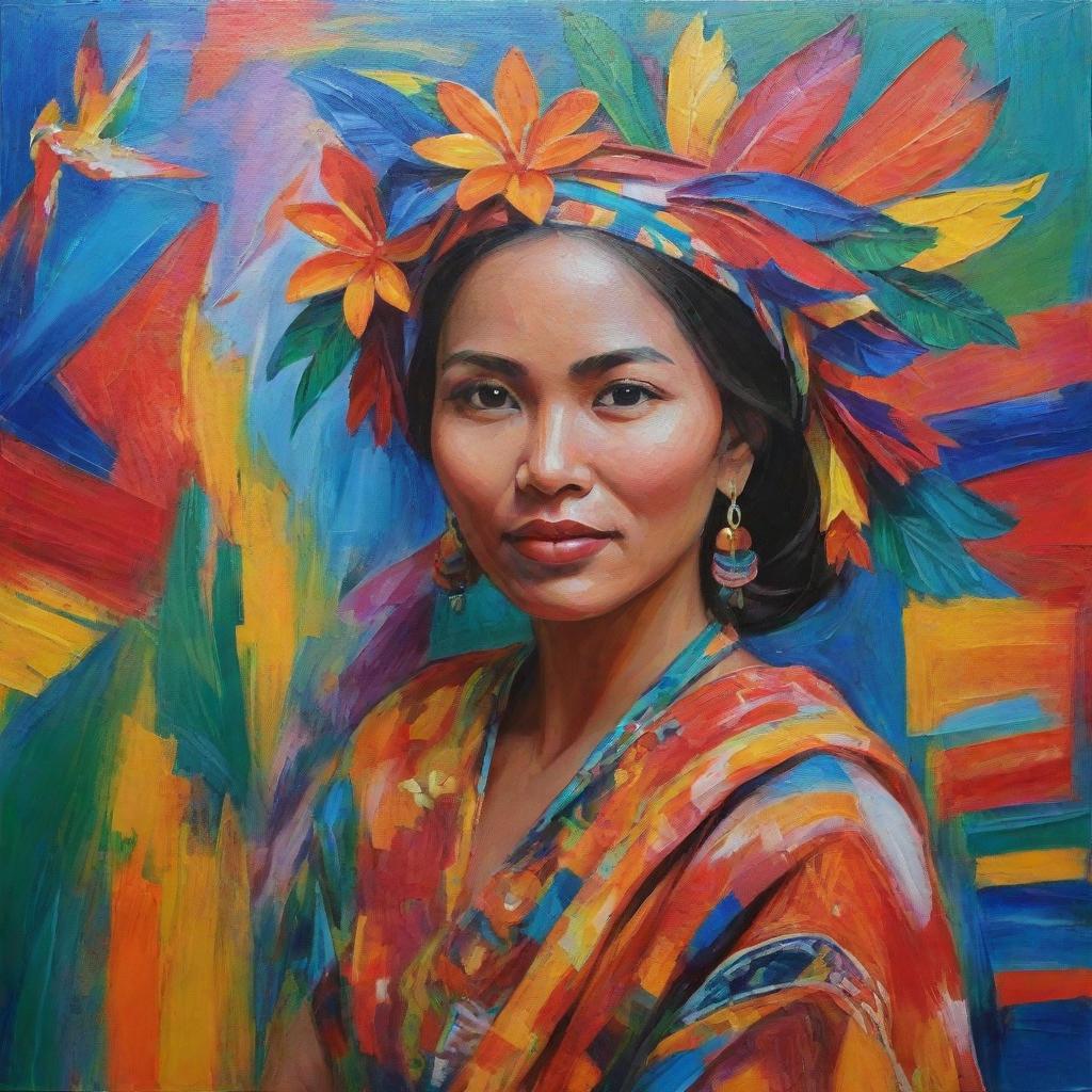 An expressionistic acrylic painting representing a Filipina woman embracing her heritage. Her presence is bold, colors vibrant, and her traditional attire flowing. Backdrop features abstract forms symbolizing jeepneys, the archipelago, and Sunbird.